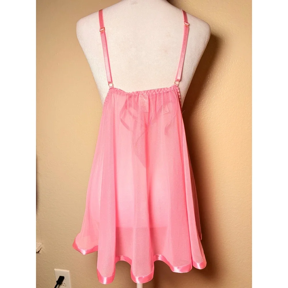 Y2K Pink Floral Embroidered Mesh Babydoll Chemise Nightgown Satin Bow Accent - Picture 3 of 4
